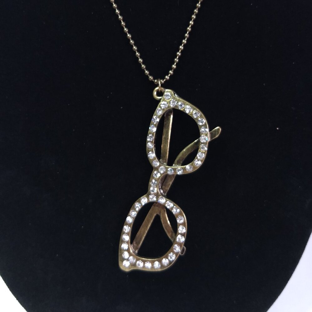 Glasses Rhinestone Statement Pendant Necklace Gold Tone Teacher Librarian Fun